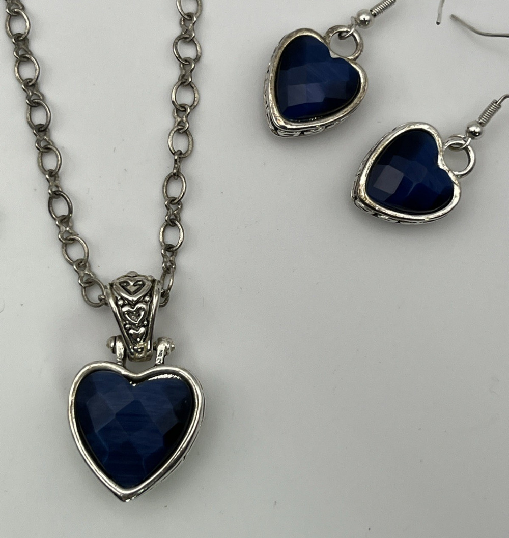 MJ Blue Faceted Heart Necklace Earrings Set 925 Sterling Hook Silver Tone Ornate